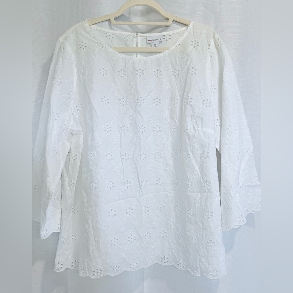 Liz Claiborne White Eyelet Top XL Boho Cotton Blouse NWT